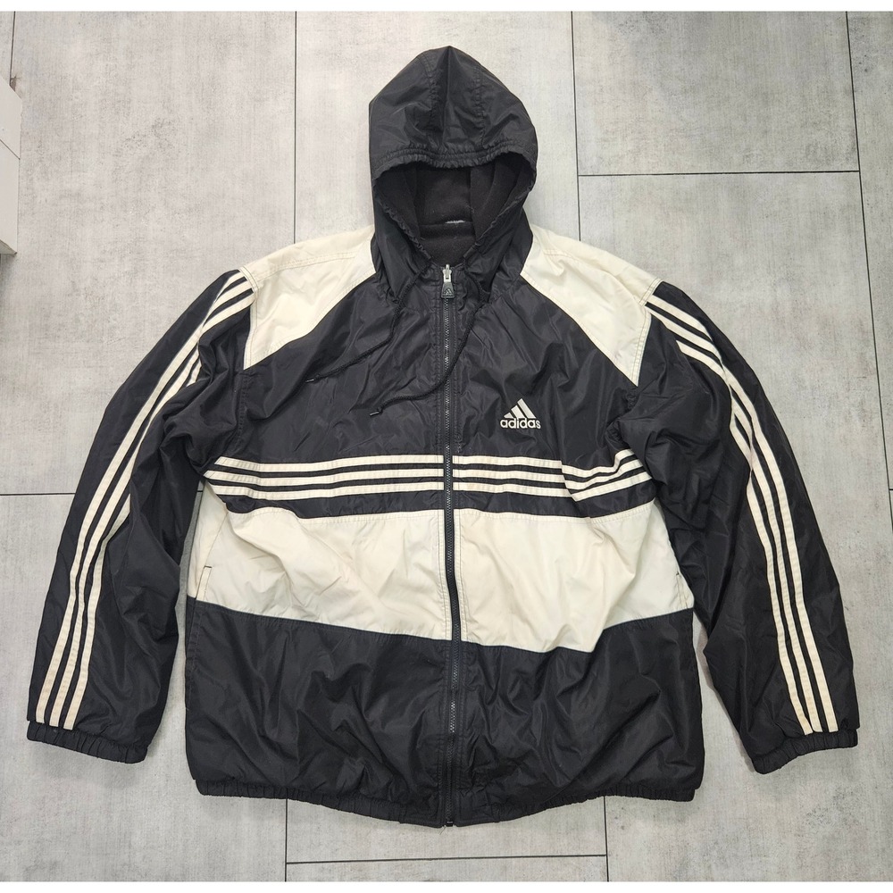 Vintage Adidas Reversible Jacket Mens XL Black Cream Nylon Fleece Hooded 90s